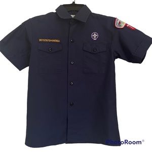 Cub Scouts short sleeve button down shirt, hat, scarf and belt. Cap S/M, shirt M